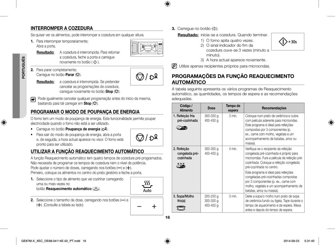 Samsung GE87M-X/XEC manual Interromper a cozedura, Programar o modo de poupança de energia, Botão Reaquecimento automático 