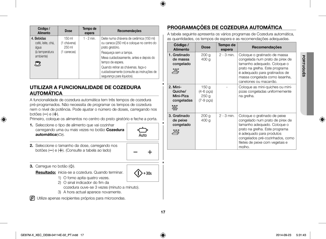 Samsung GE87M-X/XEC manual Utilizar a funcionalidade de cozedura automática, Programações de cozedura automática 