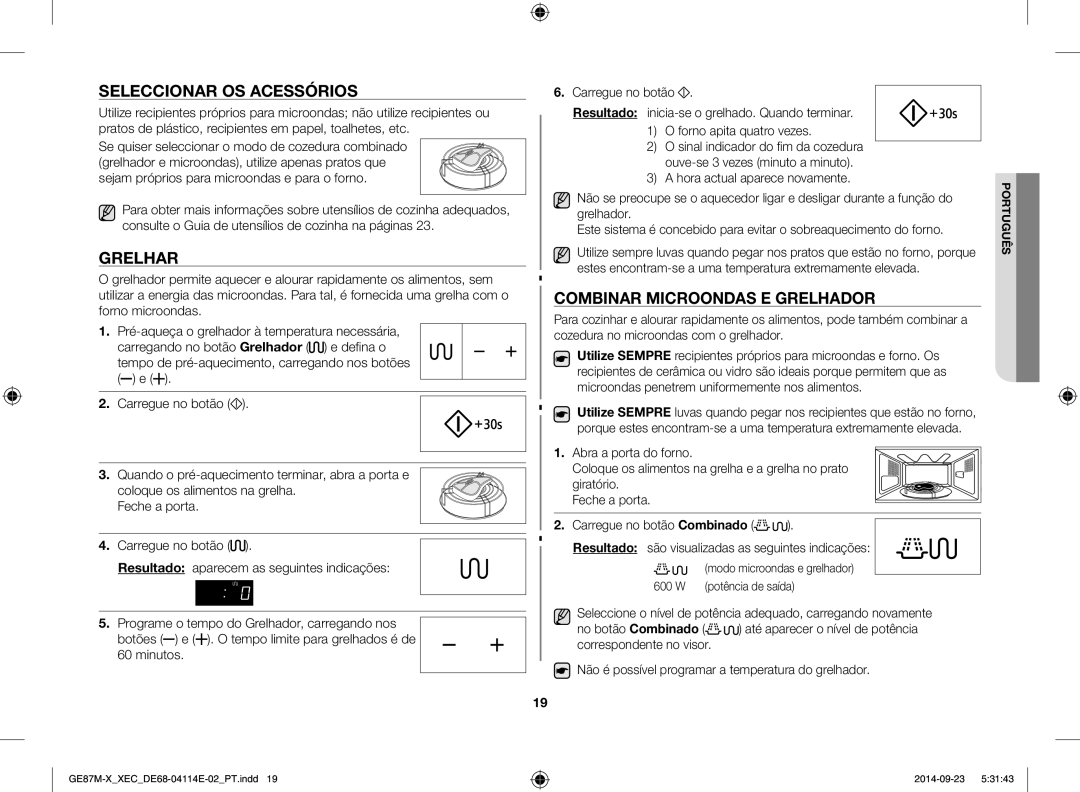 Samsung GE87M-X/XEC manual Seleccionar os acessórios, Grelhar, Combinar microondas e grelhador 