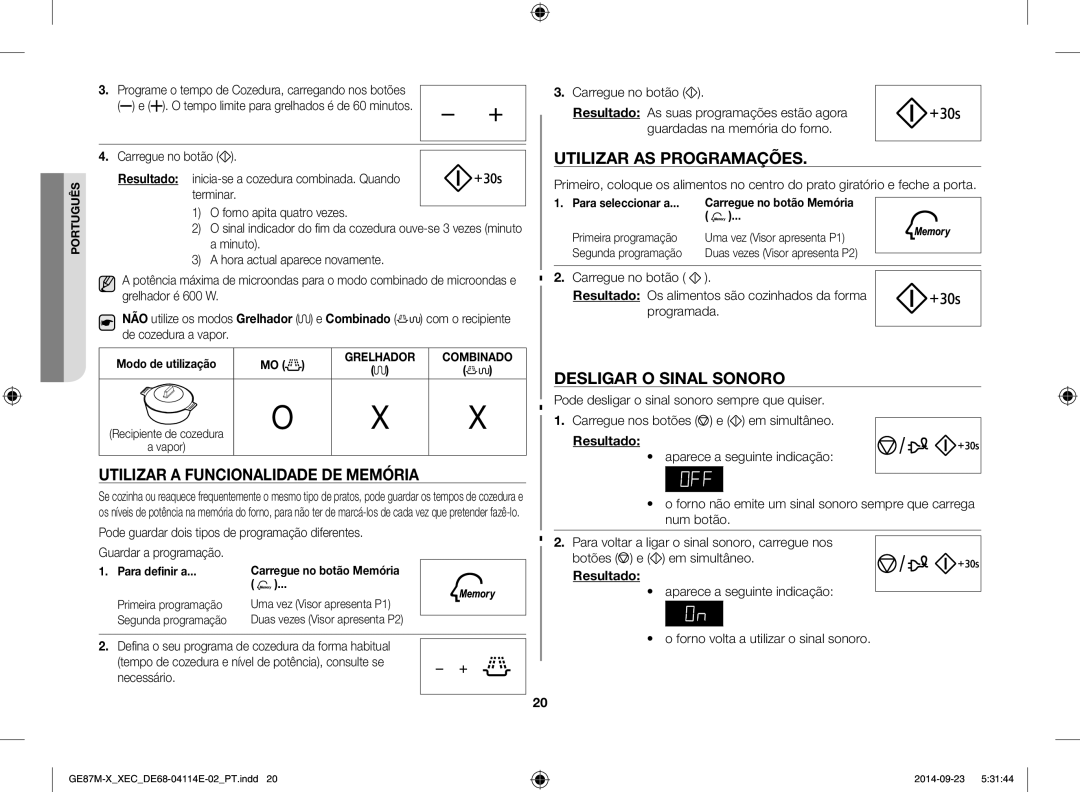 Samsung GE87M-X/XEC manual Utilizar a funcionalidade de memória, Utilizar as programações, Desligar o sinal sonoro 