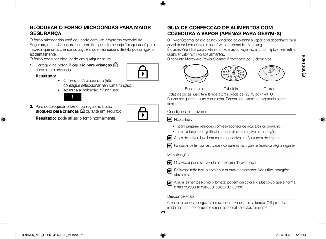 Samsung GE87M-X/XEC manual Bloquear o forno microondas para maior segurança, Condições de utilização 