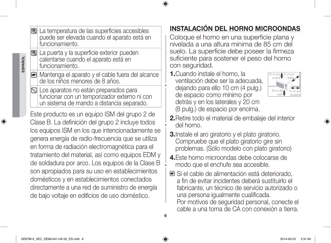 Samsung GE87M-X/XEC manual Instalación del horno microondas, Retire todo el material de embalaje del interior del horno 