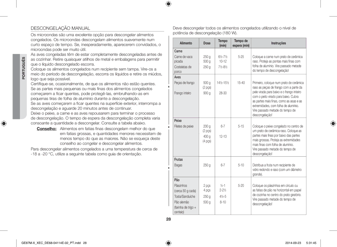 Samsung GE87M-X/XEC manual Descongelação Manual, Alimento Dose Tempo 