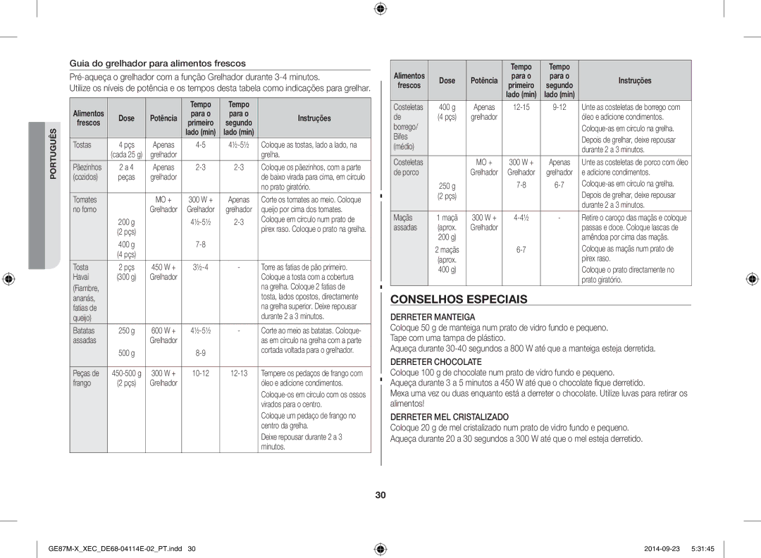 Samsung GE87M-X/XEC manual Conselhos especiais, Derreter Manteiga, Derreter Chocolate, Derreter MEL Cristalizado 