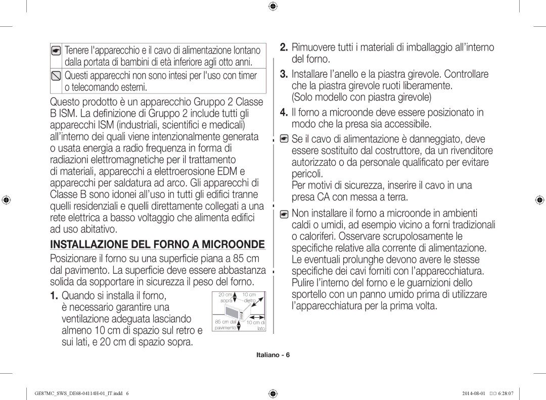 Samsung GE87MC/SWS manual Installazione del forno a microonde, Solo modello con piastra girevole 