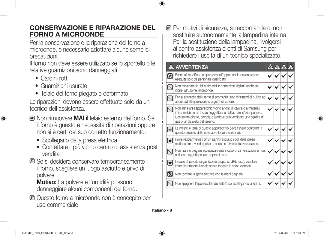 Samsung GE87MC/SWS manual Conservazione e riparazione del, Forno a microonde 