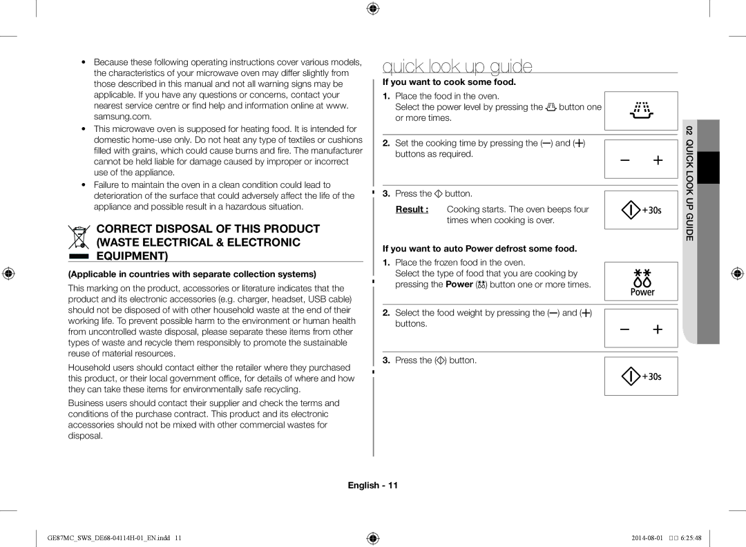 Samsung GE87MC/SWS manual Quick look up guide, Applicable in countries with separate collection systems 