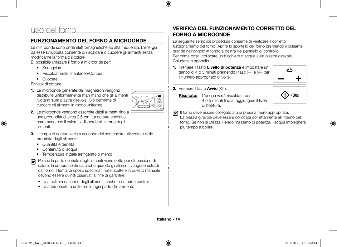 Samsung GE87MC/SWS manual Uso del forno, Funzionamento del forno a microonde 