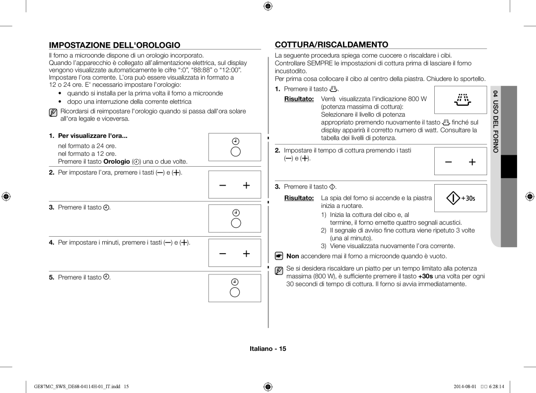 Samsung GE87MC/SWS manual Impostazione dellorologio, Cottura/Riscaldamento, Per visualizzare lora 