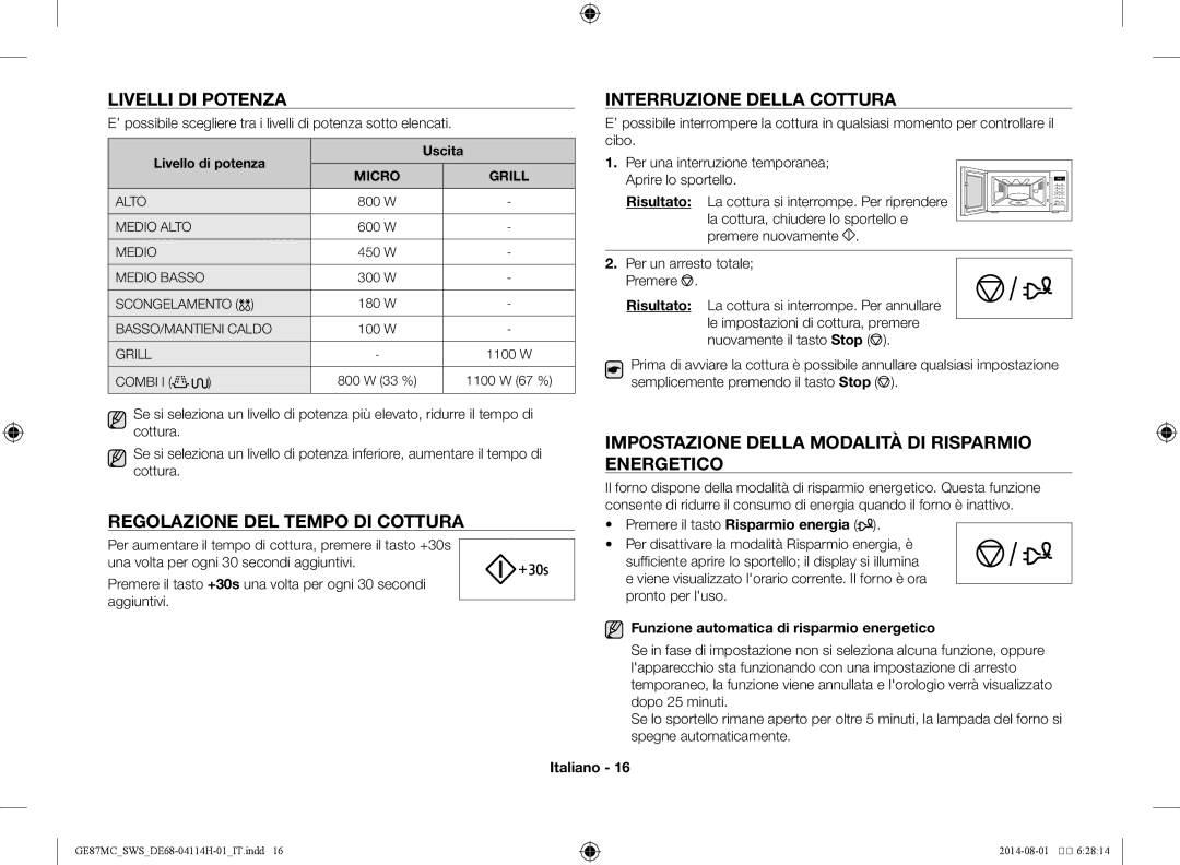 Samsung GE87MC/SWS manual Livelli di potenza, Regolazione del tempo di cottura, Interruzione della cottura 