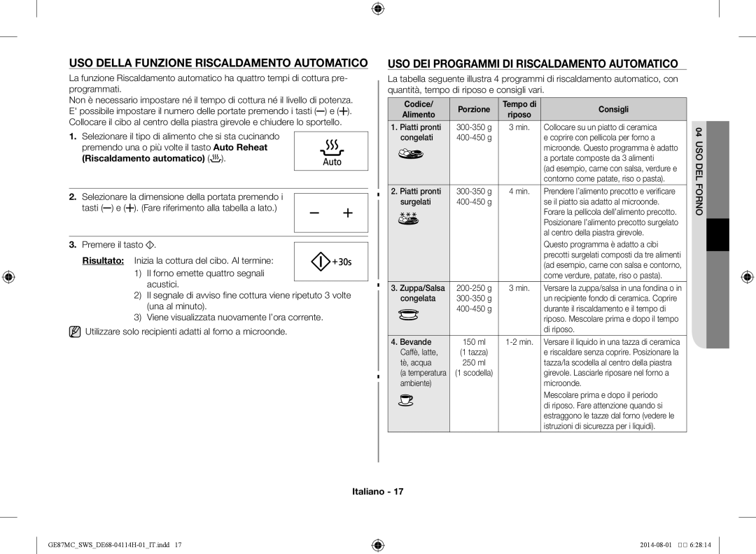 Samsung GE87MC/SWS Uso della funzione Riscaldamento automatico, Uso dei programmi di riscaldamento automatico, Consigli 