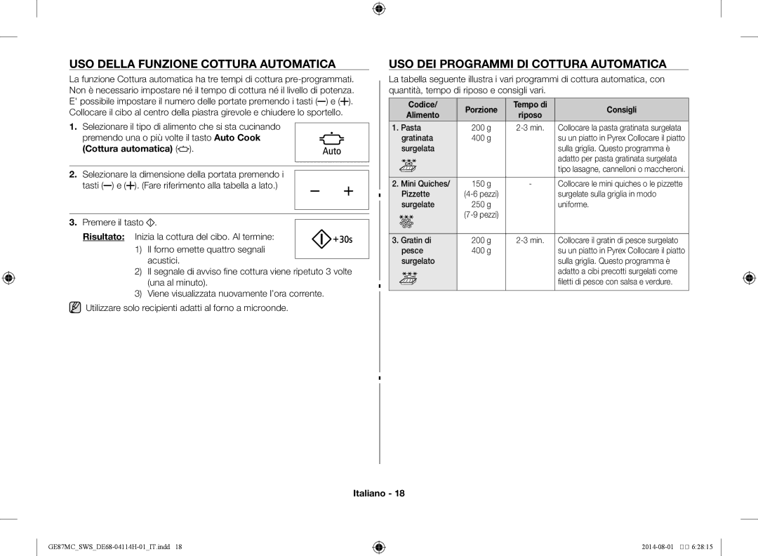 Samsung GE87MC/SWS manual Uso della funzione Cottura automatica, Uso dei programmi di cottura automatica, Codice, Alimento 