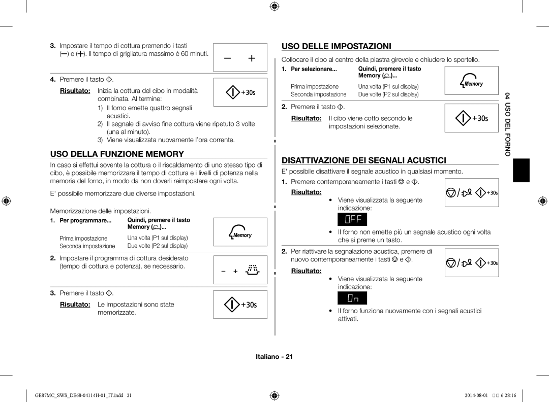 Samsung GE87MC/SWS manual Uso della funzione Memory, Uso delle impostazioni, Disattivazione dei segnali acustici 