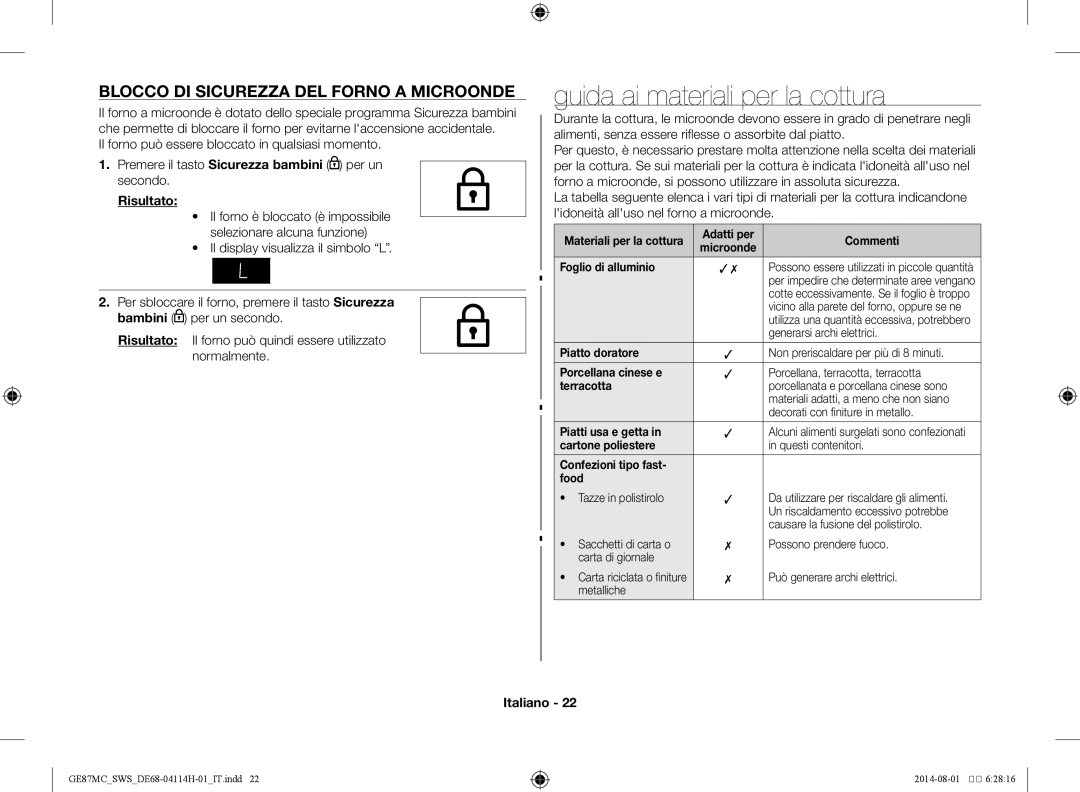 Samsung GE87MC/SWS manual Guida ai materiali per la cottura, Blocco di sicurezza del forno a microonde 