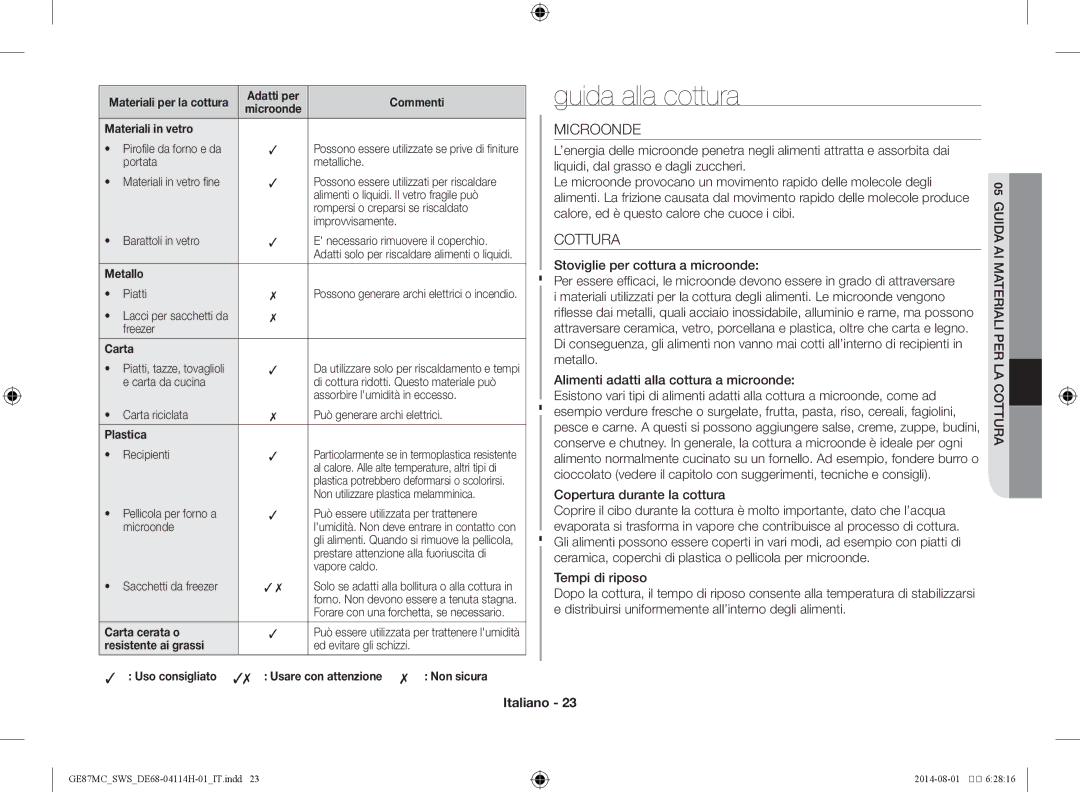 Samsung GE87MC/SWS manual Guida alla cottura, Microonde, Cottura 