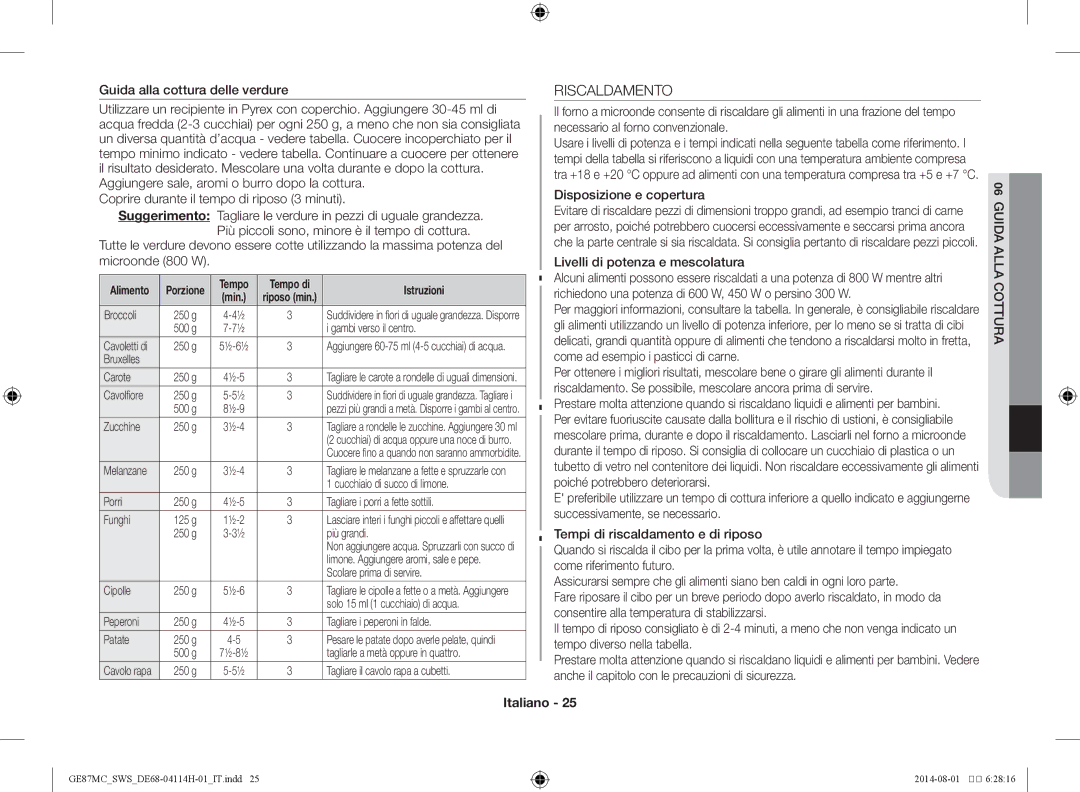 Samsung GE87MC/SWS manual Riscaldamento, Guida alla cottura delle verdure, Coprire durante il tempo di riposo 3 minuti 