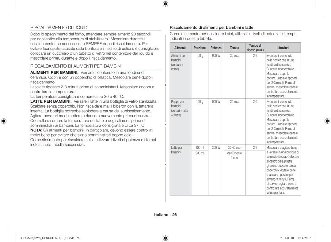 Samsung GE87MC/SWS manual Riscaldamento DI Liquidi, Riscaldamento DI Alimenti PER Bambini 