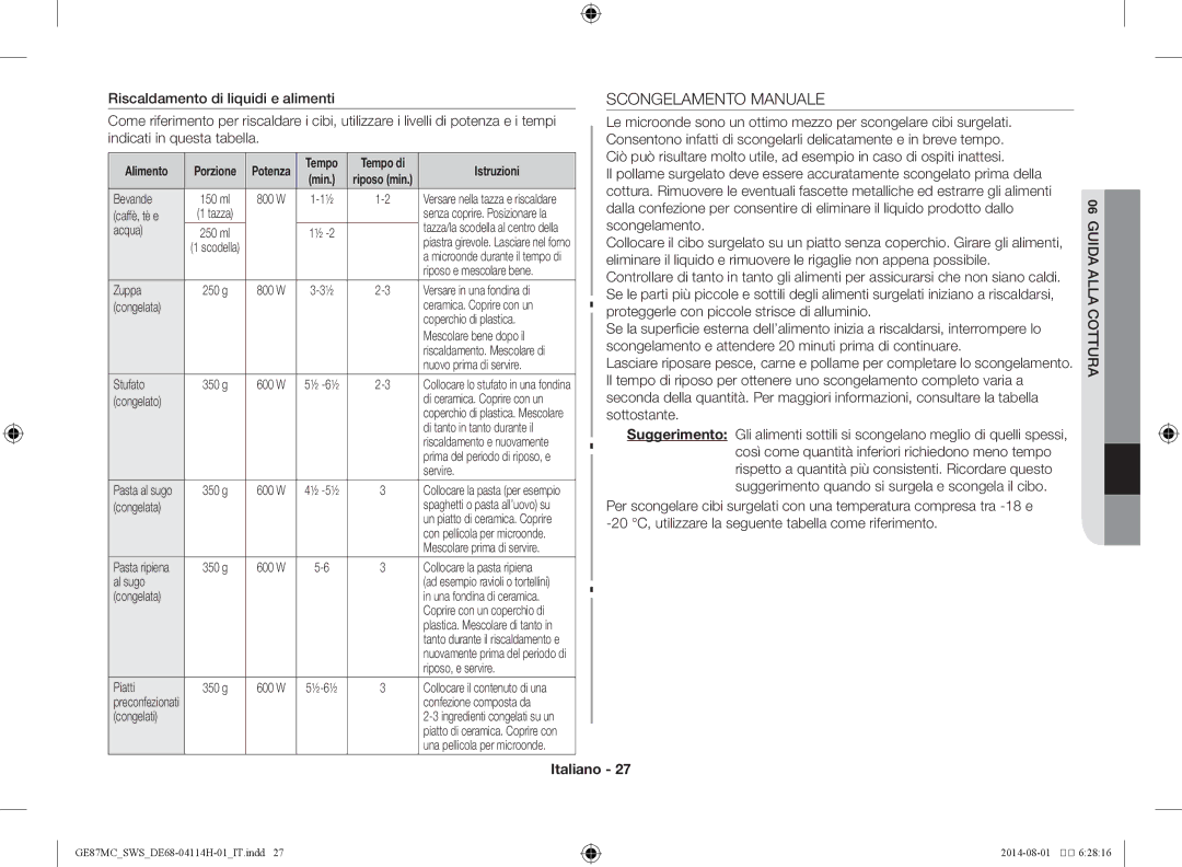 Samsung GE87MC/SWS manual Scongelamento Manuale 