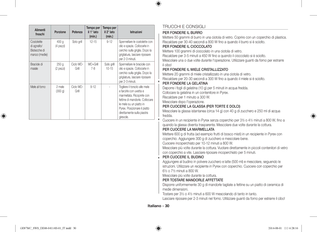 Samsung GE87MC/SWS manual Trucchi E Consigli, Cuocere incoperchiato per 10-12 minuti a 800 W 