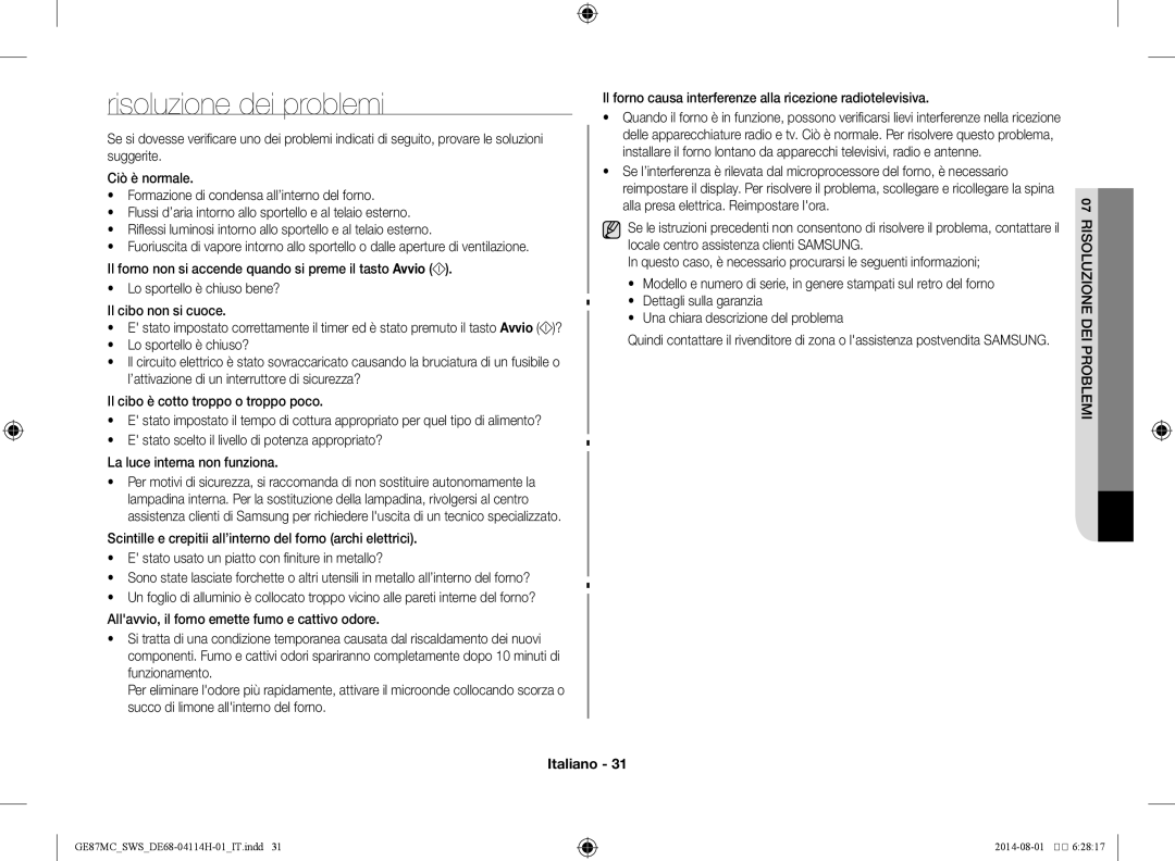 Samsung GE87MC/SWS manual Risoluzione dei problemi, Mel probei d zionelu07s ri 