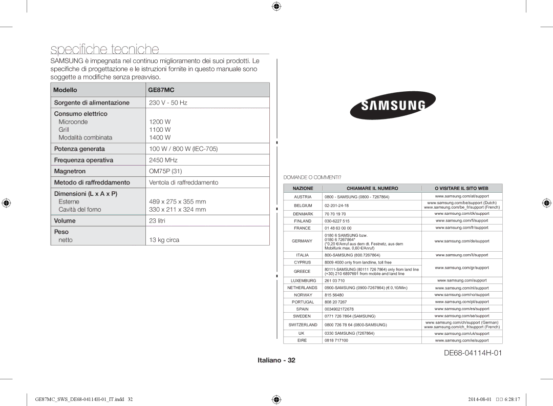 Samsung GE87MC/SWS manual Specifiche tecniche, Modello, Ventola di raffreddamento 