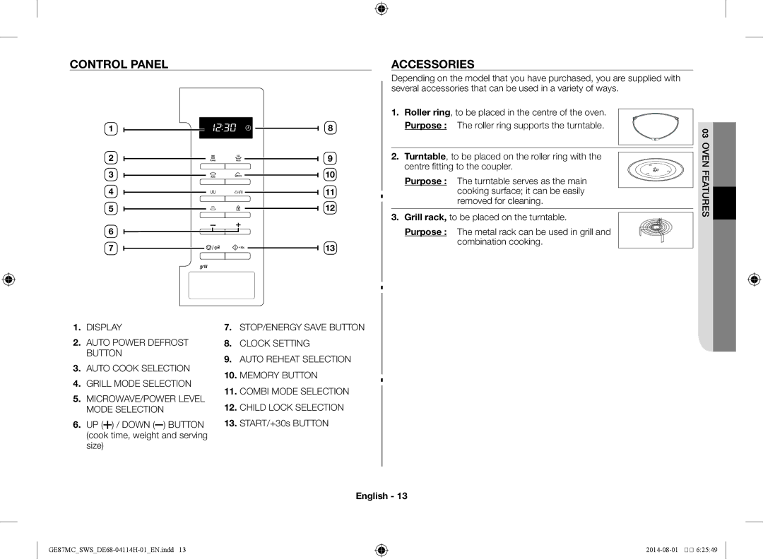 Samsung GE87MC/SWS manual Control panel Accessories, UP / Down Button cook time, weight and serving size 