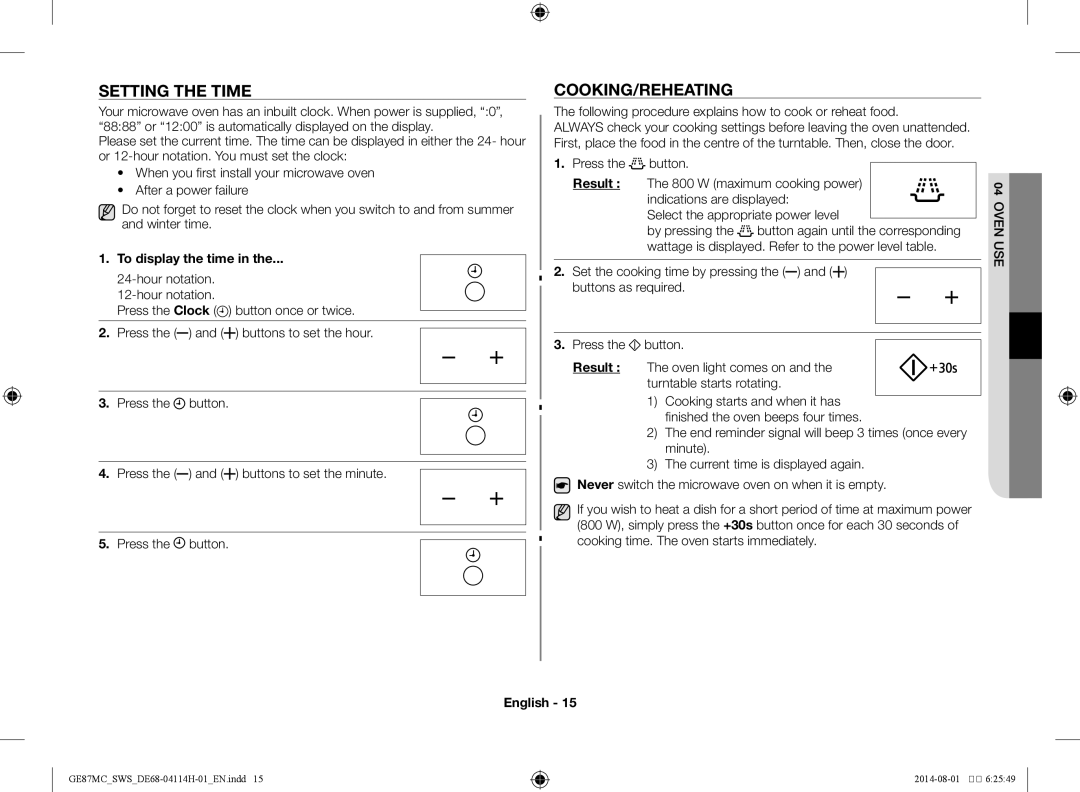 Samsung GE87MC/SWS manual Setting the time, Cooking/Reheating, To display the time 