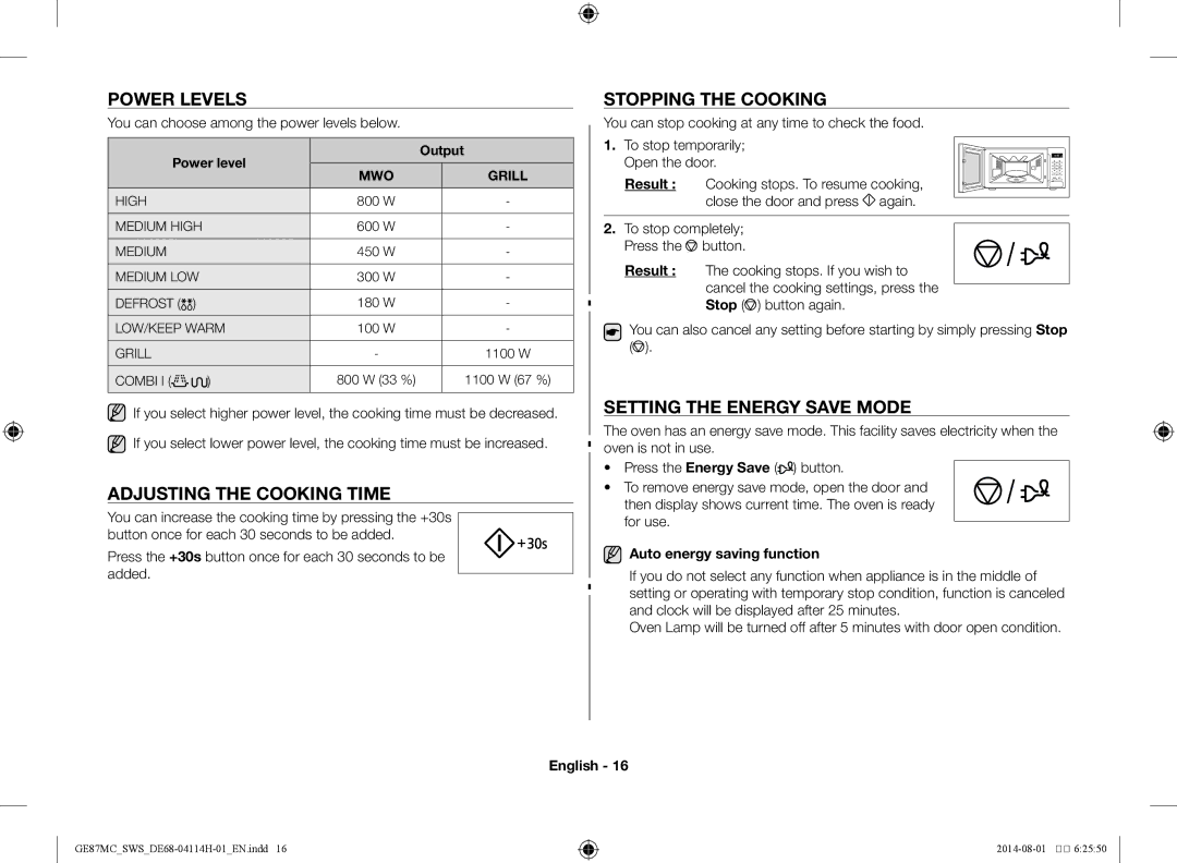 Samsung GE87MC/SWS manual Power levels, Adjusting the cooking time, Stopping the cooking, Setting the energy save mode 