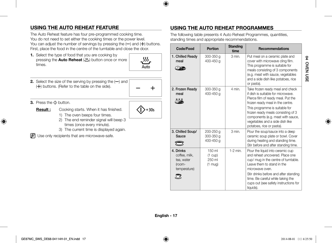 Samsung GE87MC/SWS manual Using the auto reheat feature, Using the Auto reheat programmes, Code/Food, Recommendations 