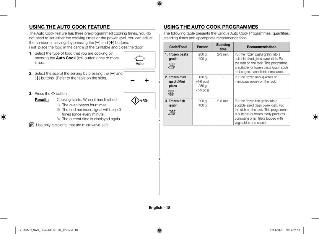 Samsung GE87MC/SWS manual Using the auto cook feature, Using the Auto cook programmes 