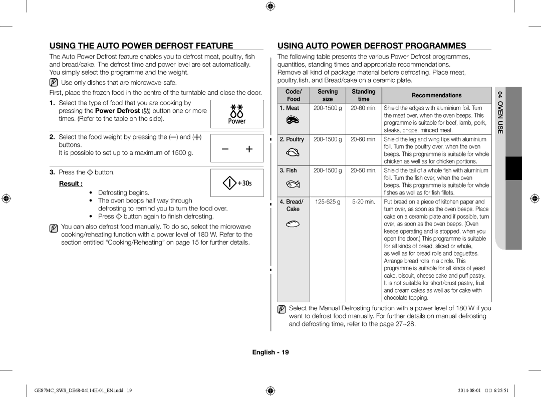 Samsung GE87MC/SWS manual Using the auto power defrost feature, Using Auto power defrost programmes, Result 