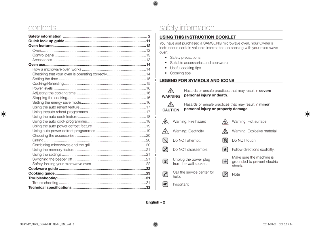 Samsung GE87MC/SWS manual Contents, Safety information 