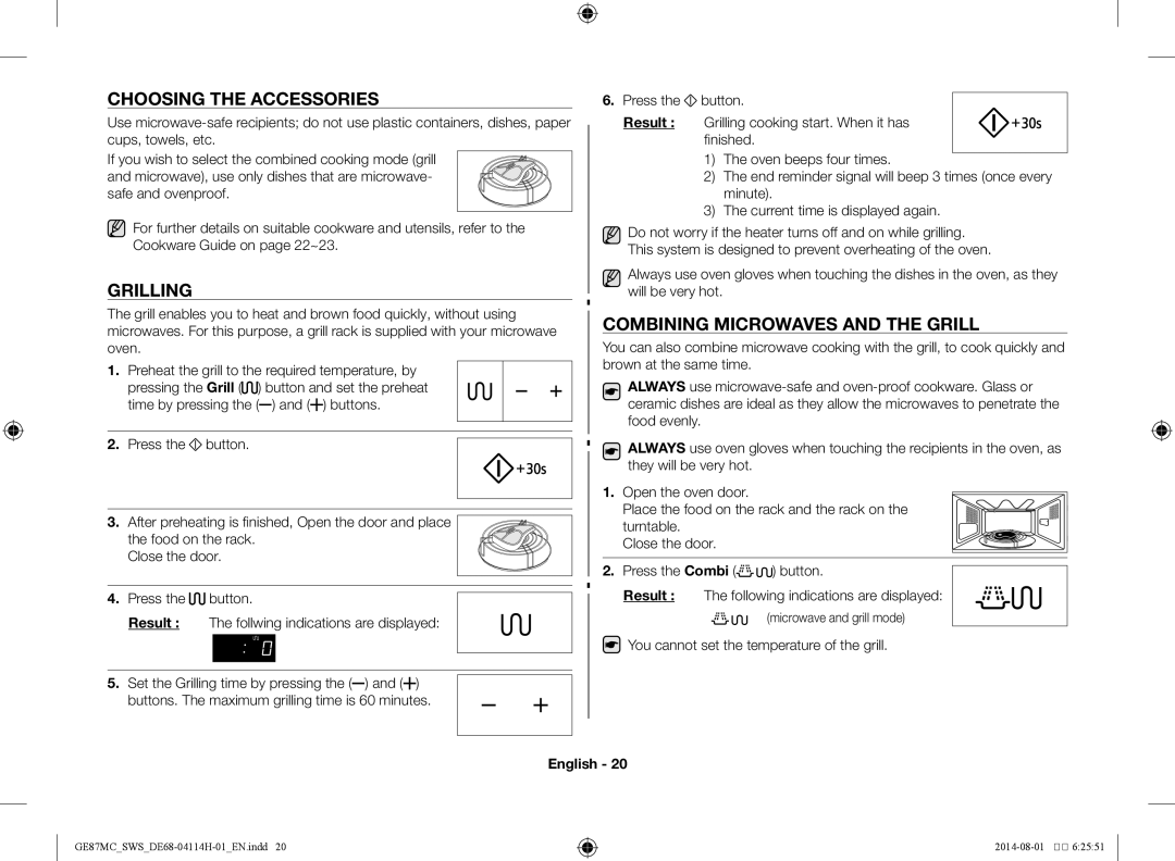 Samsung GE87MC/SWS manual Choosing the accessories, Grilling, Combining microwaves and the grill, Microwave and grill mode 