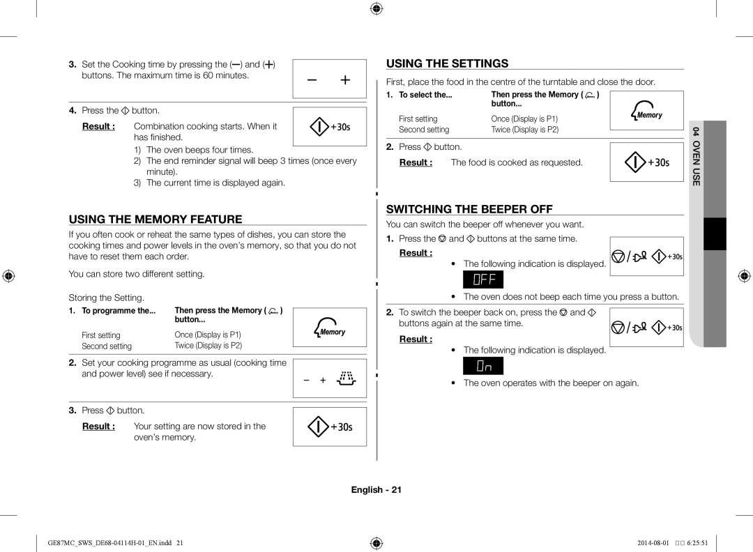 Samsung GE87MC/SWS manual Using the memory feature, Using the settings, Switching the beeper off 