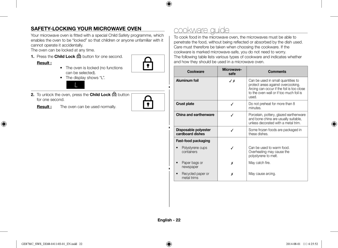 Samsung GE87MC/SWS manual Cookware guide, Safety-locking your microwave oven 