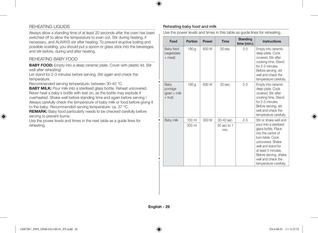 Samsung GE87MC/SWS manual Reheating Liquids, Reheating Baby Food, Food Portion Power Time Standing Instructions 