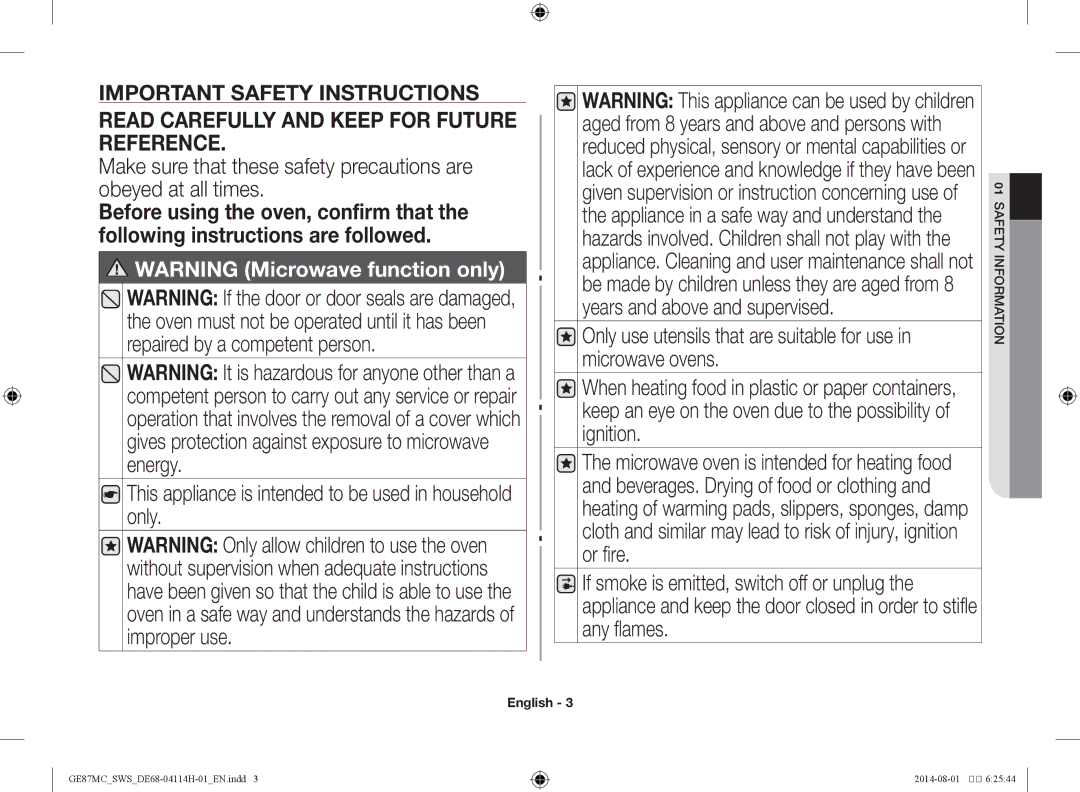 Samsung GE87MC/SWS manual Read Carefully and Keep for Future Reference 