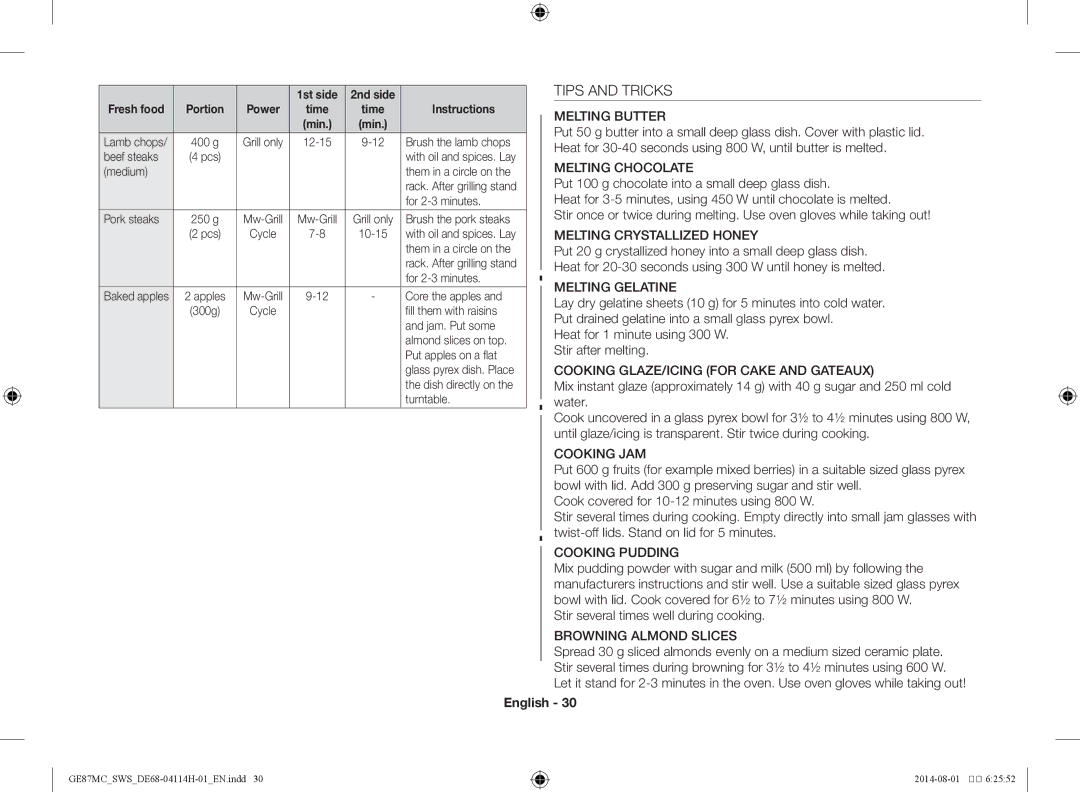 Samsung GE87MC/SWS manual Tips and Tricks, Stir several times well during cooking 