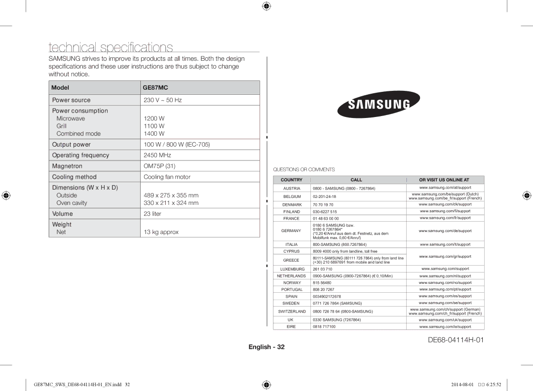 Samsung GE87MC/SWS manual Technical specifications, Model, 100 W / 800 W IEC-705 