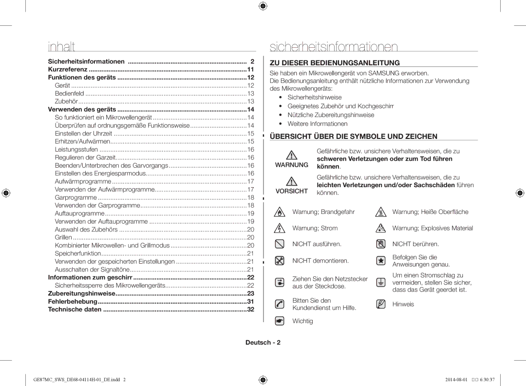 Samsung GE87MC/SWS manual Sicherheitsinformationen, Deutsch 