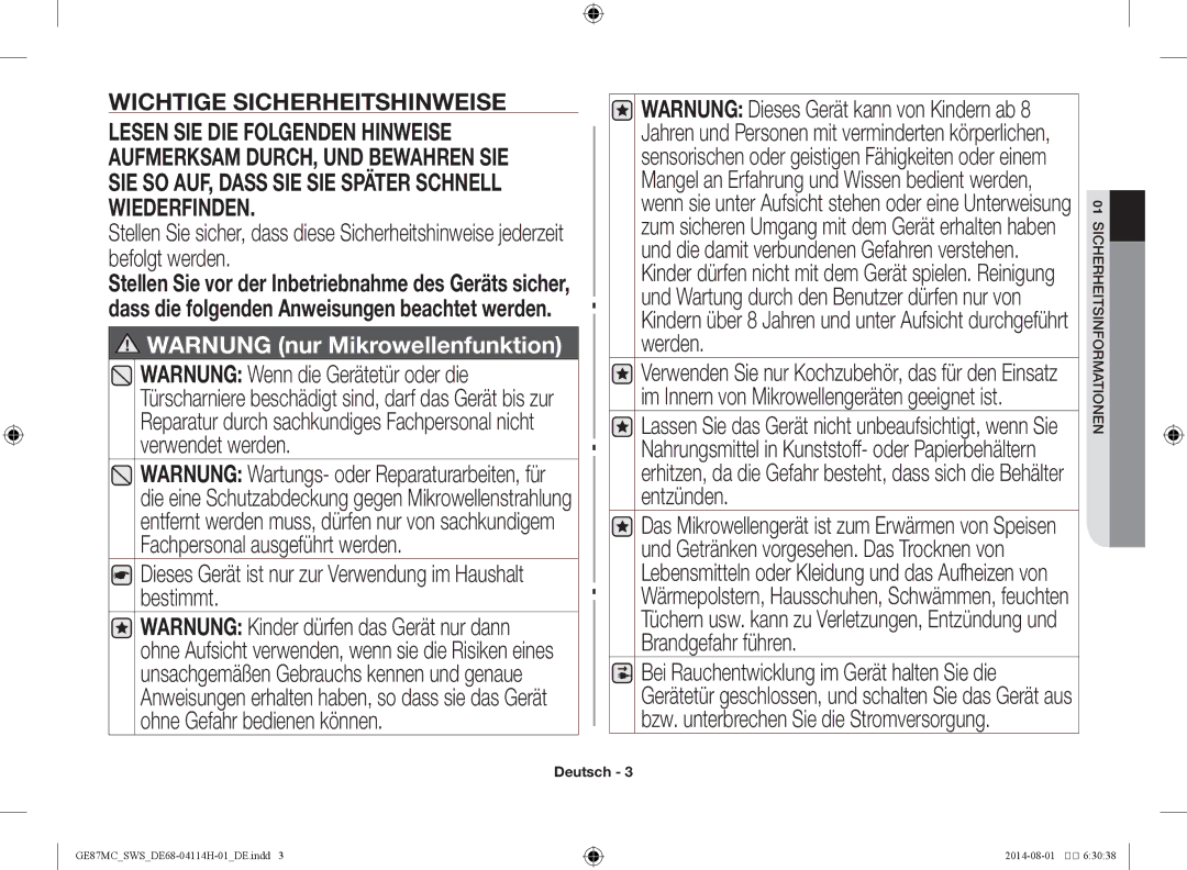 Samsung GE87MC/SWS manual Dieses Gerät ist nur zur Verwendung im Haushalt bestimmt, Ne mationfor eitsin erh 01 sich 