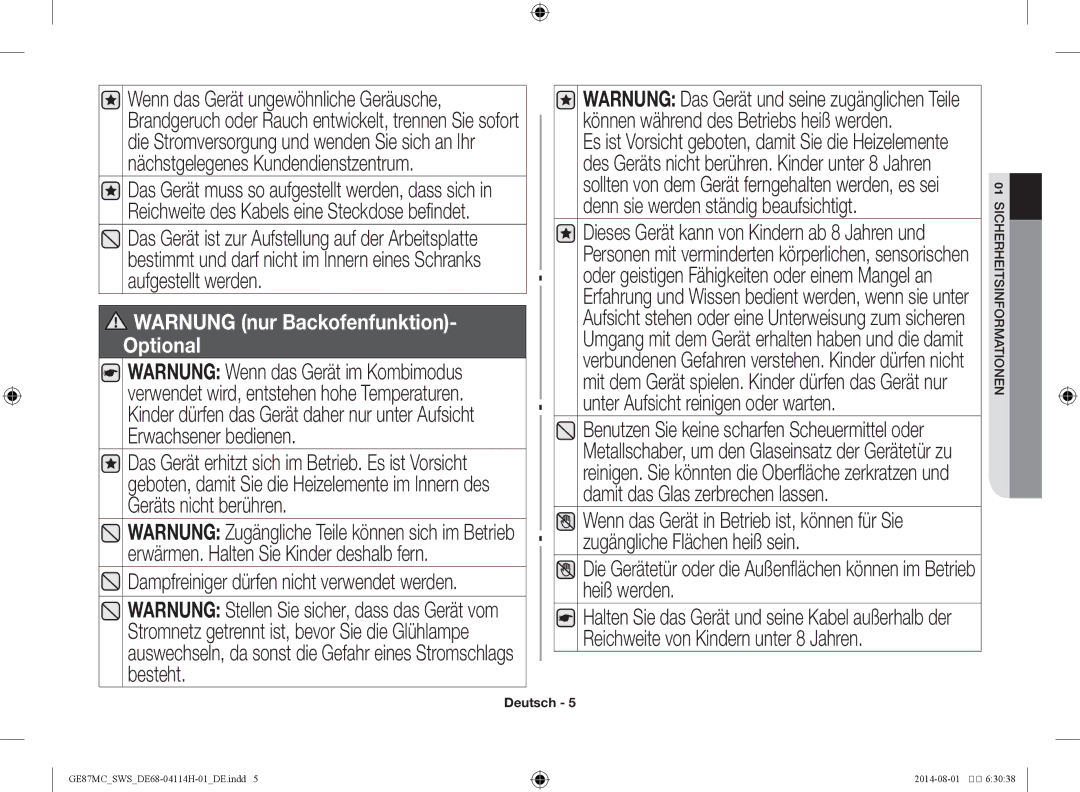 Samsung GE87MC/SWS manual Warnung nur Backofenfunktion- Optional 