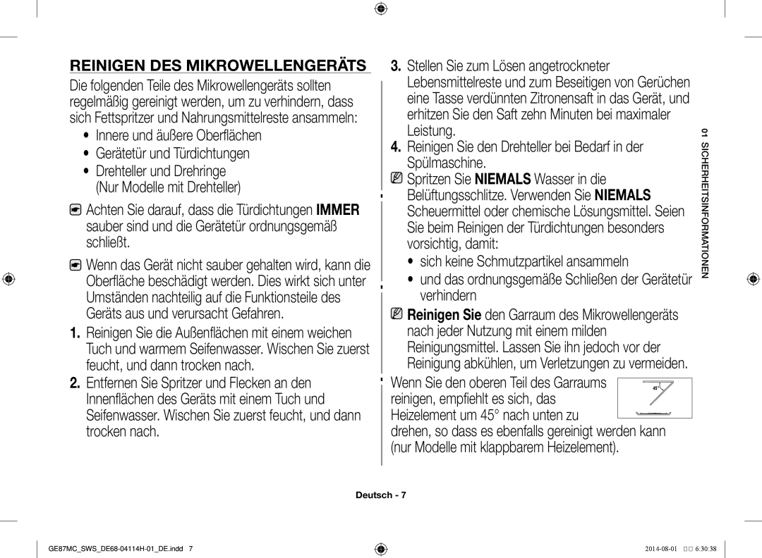 Samsung GE87MC/SWS manual Reinigen des Mikrowellengeräts, Reinigen Sie den Drehteller bei Bedarf in der Spülmaschine 