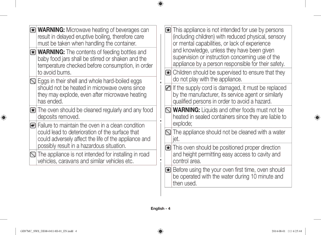 Samsung GE87MC/SWS manual Appliance should not be cleaned with a water jet 