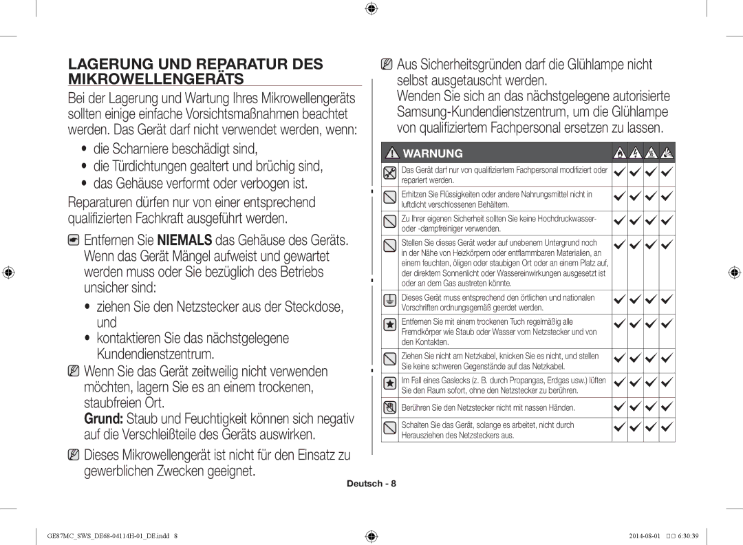 Samsung GE87MC/SWS manual Lagerung und Reparatur des, Mikrowellengeräts 