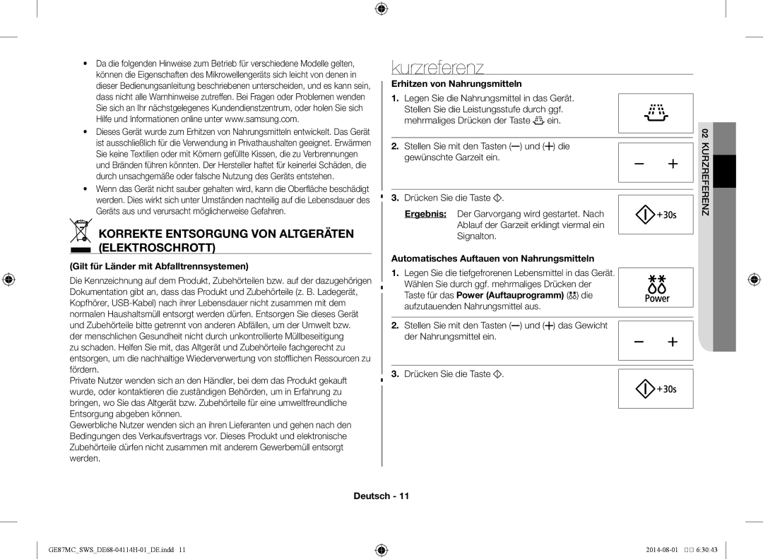 Samsung GE87MC/SWS manual Kurzreferenz, Korrekte Entsorgung von Altgeräten Elektroschrott, Erhitzen von Nahrungsmitteln 