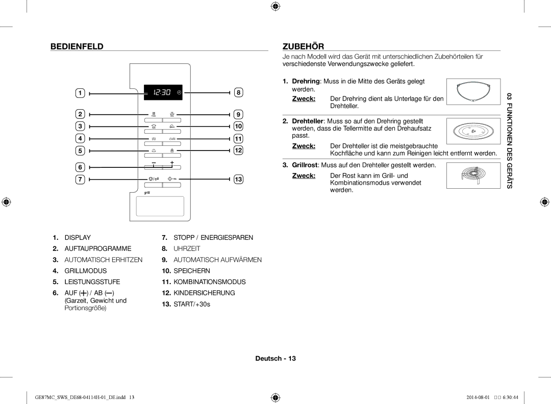 Samsung GE87MC/SWS manual Bedienfeld, Zubehör, Garzeit, Gewicht und START/+30s Portionsgröße 