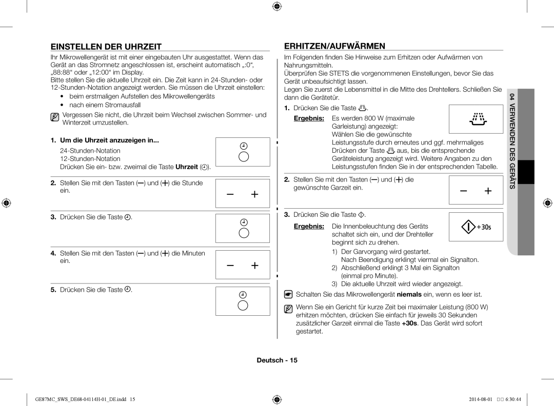 Samsung GE87MC/SWS manual Einstellen der Uhrzeit, Erhitzen/Aufwärmen, Um die Uhrzeit anzuzeigen 