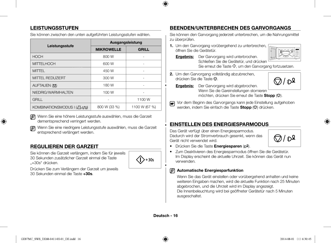 Samsung GE87MC/SWS manual Leistungsstufen, Regulieren der Garzeit, Beenden/Unterbrechen des Garvorgangs 