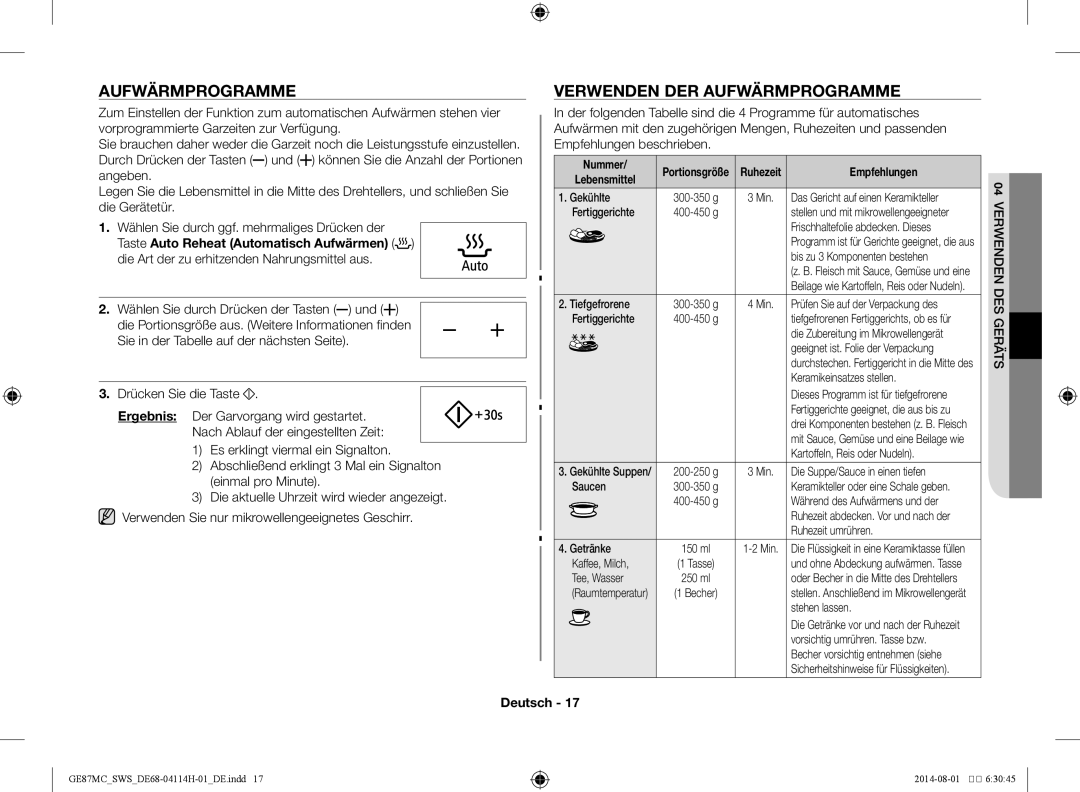 Samsung GE87MC/SWS manual Verwenden der Aufwärmprogramme, Nummer, Empfehlungen, Lebensmittel 